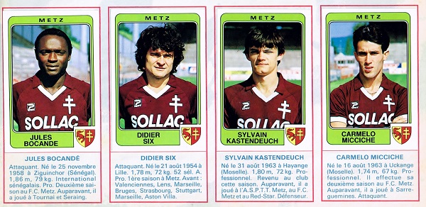 Sylvain Kastendeuch, profita de lanne de son service militaire pour porter le maillot vert et blanc avant de retrouver son premier club professionnel Metz. Ici aux cts de quelques grands noms de Metz des annes 80 : Jules Bocand, Didier Six et Carmelo Micchiche  archives Grard Valck 